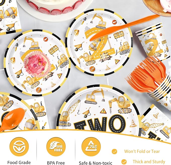 168pcs Construction 2nd Birthday Party Decorations 2nd Plates Napkins Tableware Set Disposable Paper Cups for Boys Construction Two Years Old Party Supplies Serves 24