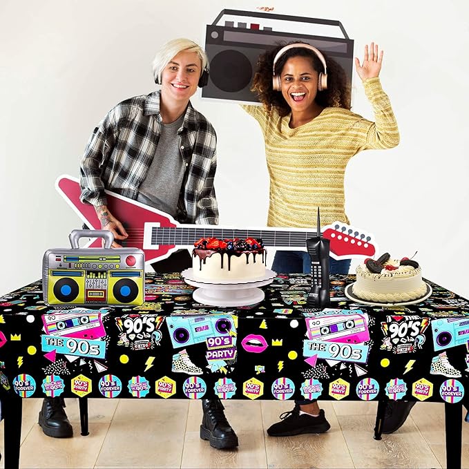 3 Pack 90’s Party Tablecloth, Back to 90s Hip Hop Party Birthday Table Cover for 1990s Theme Party Decorations Supplies