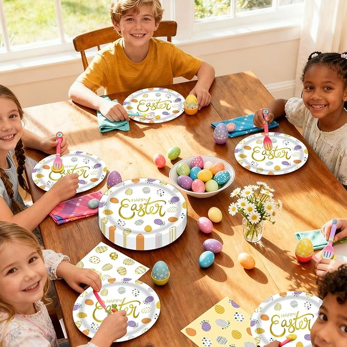 50pcs Easter Paper Plates &Napkins, Disposable 7IN Easter Plates Egg Dinner Napkins Double-sided Paper Party Supplies for Happy Easter Spring Baby Shower Birthday Dinner Decorations Serve 25