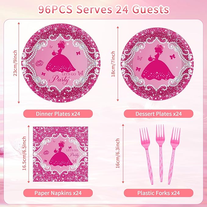96Pcs Let's Go Party Plates & Napkins, Princess Birthday Party Tableware Set, Pink Disposable Plates, Forks, Bachelorette Girl Napkins for 24 Guests
