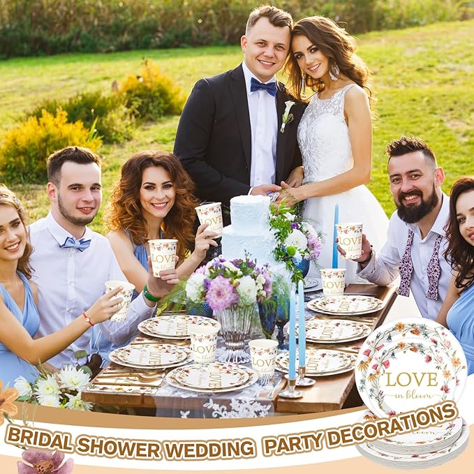 24 Set Love Is in Bloom Wildflower Bridal Shower Decorations Tableware Set Floral 9" 7" Paper Plates Cups Napkins Party Supplies Elegant Dinnerware for Bridal Shower Wedding Birthday Party