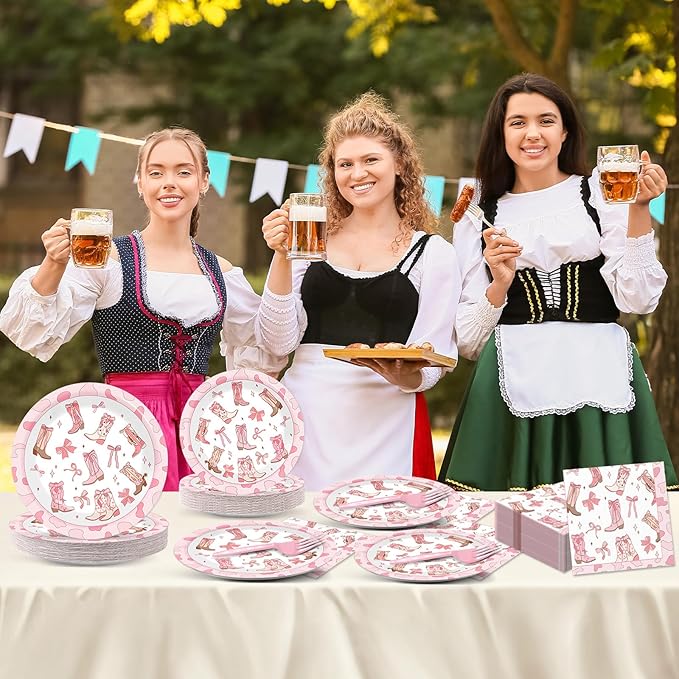 96Pcs Coquette Bow Cowgirl Happy Birthday Party Supplies Western Cowgirl Plates and Napkins Disposable Pink Bowknot Rodeo Tableware Bachelorette for Kids Set Decorations Favors Baby Shower Serve 24