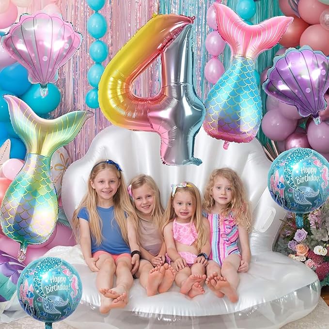 4th Mermaid Birthday Decorations,Pink Blue Balloons Kit Sea Balloon Tail Balloons for Girls Mermaid Party Baby Shower