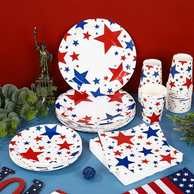 Whaline 96Pcs Patriotic Party Tableware Set with Paper Plate Napkin Cup Red Blue Star 4th of July Disposable Dinnerware for 24 Guests Independence Day Party Table Decor