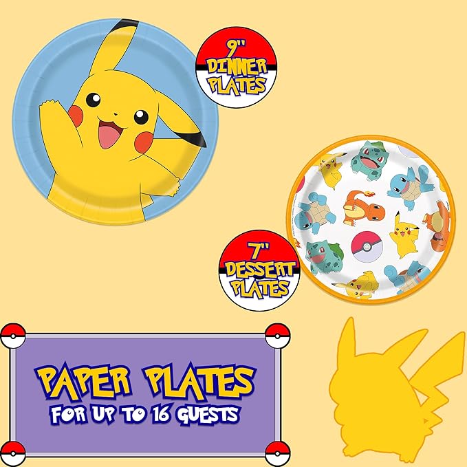 Unique Pokémon Party Supplies | Tabletop & Party Hats Set | Serves 16 | Officially Licensed | Plates, Napkins, Plastic Table Cover, Party Hats | Birthday Decorations For Kids & Classrooms