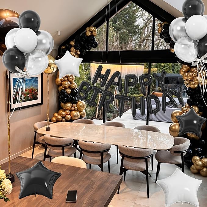 29PC Black Happy Birthday Balloon Banner, 16 Inch 3D Aluminum Letter Banner Sign, Metallic Silver Black White Clear Helium Balloons 18 Inch Star Foil Balloons for Women, Men Party Supply