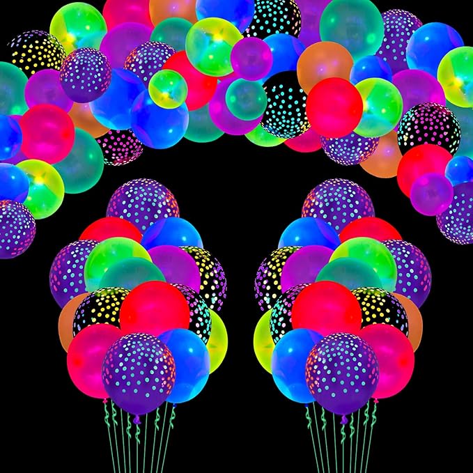 109 Pack UV Neon Balloons Black Light Balloons Glow in The Dark Balloon Blacklight Reactive Fluorescent Polka Dot Latex Balloon Assorted Colors Light Up Neon Party Supplies Glow Party Decorations