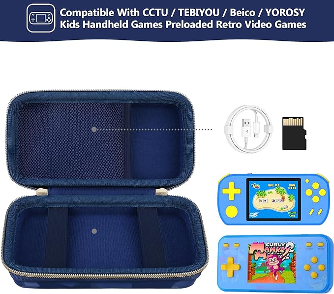 Supmay Carrying Case Compatible with CCTU / TEBIYOU Kids Handheld Games Preloaded 218 Retro Video Games, Portable Gaming Electronic Toys Storage Holder Travel Bag with Mesh Pocket for USB Cable, Blue