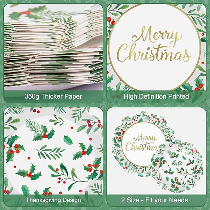 24 Pcs Merry Christmas Paper Plates Set - Disposable Round Christmas Plates, Holly Leaf Red Berry Dinner Dessert Plate Paper Dinnerware Kit for Winter Xmas Party Table Decorations Supplies Favors