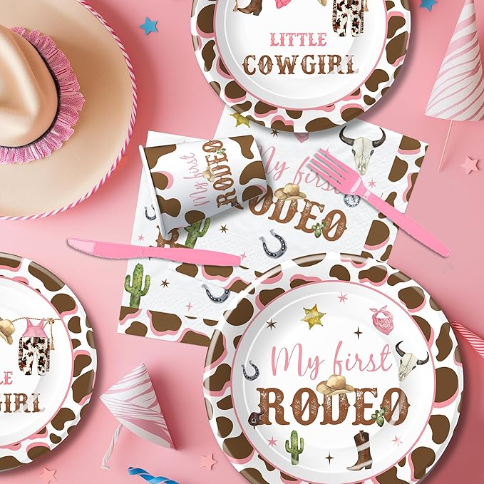 Western Cowgirl 1st Birthday Decorations Tableware, Wild West My First Rodeo Birthday Party Supplies Girl, Paper Plate, Cup, Napkin, Disposable Fork, Serves 24