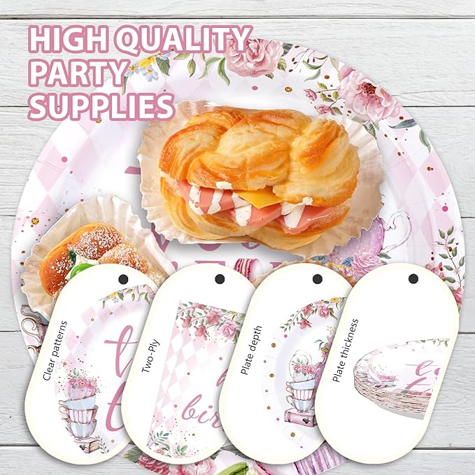 96Pcs Tea for Two Party Supplies Tea 2nd Year Old Girl Birthday Plates and Napkins Pink Floral Teapot Theme Tableware Set for Girls Tea-themed Baby Shower Birthday Party Supplies，Serves 24