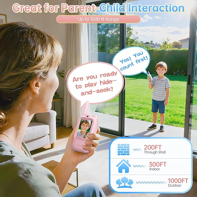 HD Video Walkie Talkies for Kids, 2-Pack Rechargeable Kids Gifts with Camera & Screen, Long Range Kids Walkie Talkies for Boys & Girls Ages 3–12, Toddler Toys for Family Games Indoor & Outdoor Play