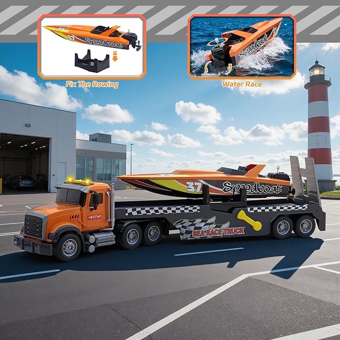 Kids Toys for 3 4 5 6 Years,21" Semi Transport Truck Toy with Speedboat Vehicle Cars, Friction Powered Extra Large Truck Vehicle with Lights & Sounds for Boys Girls Toddlers Christmas Birthday Gifts