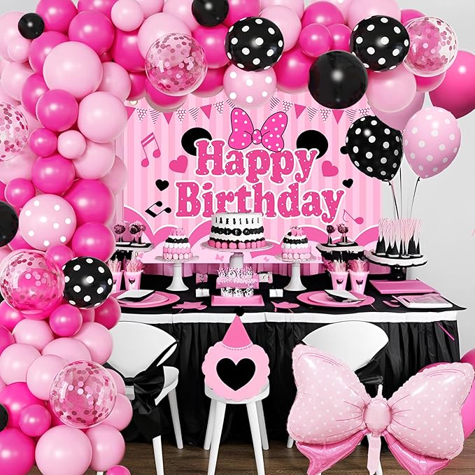 Pink Birthday Party Supplies - Pink and Black Balloon Arch Garland Kit Decorations,Backdrop for boys Kids