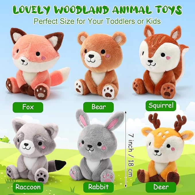 6 Pcs Woodland Animals Toys 7 Inch Bear Rabbit Squirrel Deer Raccoon Fox Large Stuffed Animals Bulk for Woodland Baby Showers Party Decor Birthday Gifts Classroom Teacher Student Awards