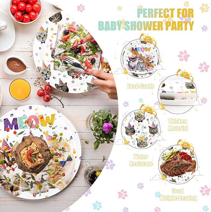 CANREVEL 96 PCS Cat Party Plates Serve 24, Cat Plates and Napkins Forks Set, Disposable Tableware for Birthday Supplies Party Decorations for Grils Women Boys Men
