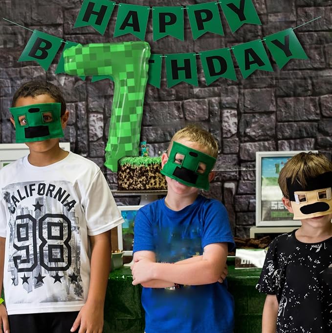 40 Inch Giant Green Pixel Miner Theme Number Foil Balloons Large MIning Number 7 Balloons Party Balloons Birthday Party Decorations Supplies Number 0-9 Available for Kids' Birthday Anniversary Party
