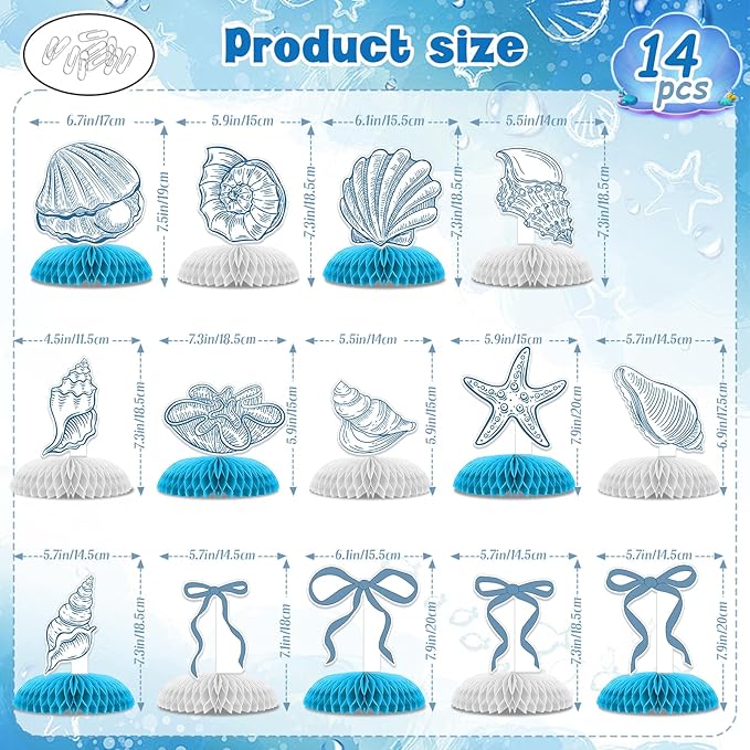 14 Pcs Summer Seashells Party Table Decorations, Ocean Happy Birthday Honeycomb Centerpieces, Party Supplies Birthday Decorations Blue Bow Starfish Seashells for Women Men Baby Shower