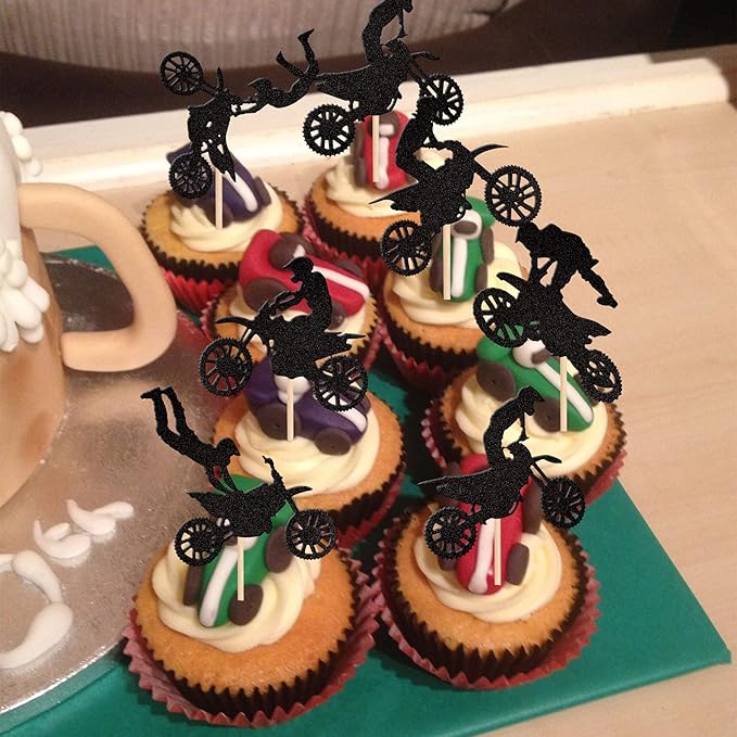 24 PCS Motorcycle Cupcake Toppers Black Glitter Motocross Dirt Bike Party Cupcake Picks for Sports Motocross Theme Man Boy Birthday Party Cake Decorations Supplies