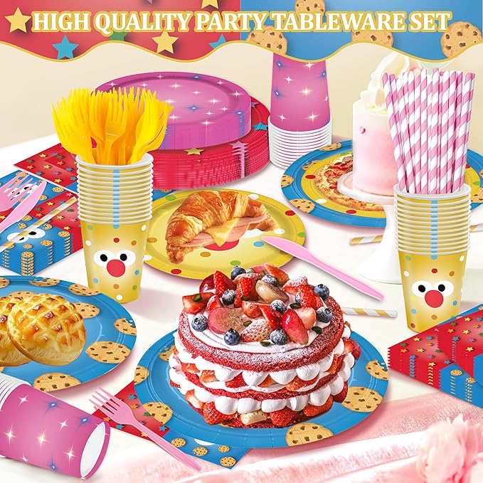 168PCS Cookie Party Supplies for Boys Girls Cartoon Street Theme Birthday Party Decorations Paper Plates Cups Forks Knives and Straws Tableware Set for 24 Guests