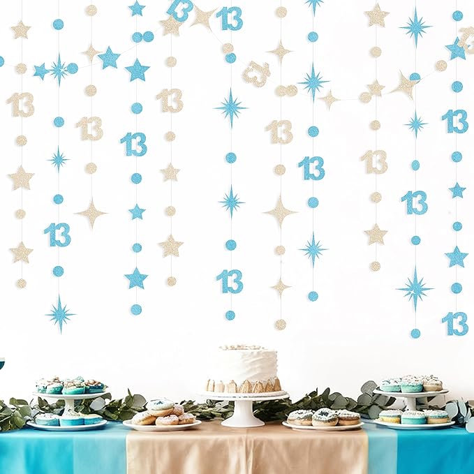 Champagne Gold Blue 13th Birthday Decorations Number 13 Circle Dot Star Garland Streamer Banner Backdrop for Girls Boys Official Teenager Cheers to 13 Years Old Happy 13th Birthday Party Supplies