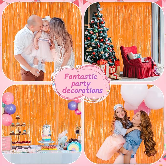 2PCS Macaron Orange Party Streamers 3.3x8.3Ft Foil Fringe Backdrop Curtains Tinsel Streamers Birthday Party Decorations Fringe for Graduation Wedding, Baby Shower Disco Party Anniversary Streamers