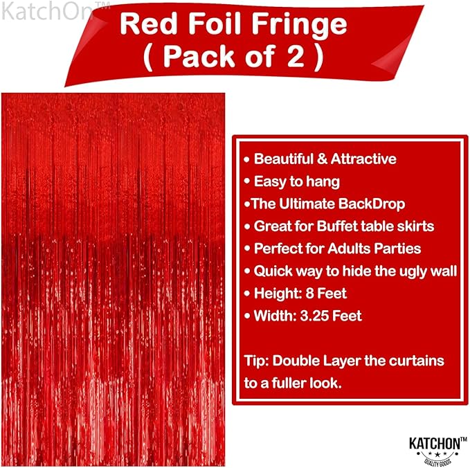 KatchOn, XtraLarge Red Streamers Backdrop - 3.2x8 Feet, Pack of 2 | Red Fringe Backdrop for Valentines Day Decorations | Foil Fringe for Birthday, Carnival, Casino Theme Party Decoration