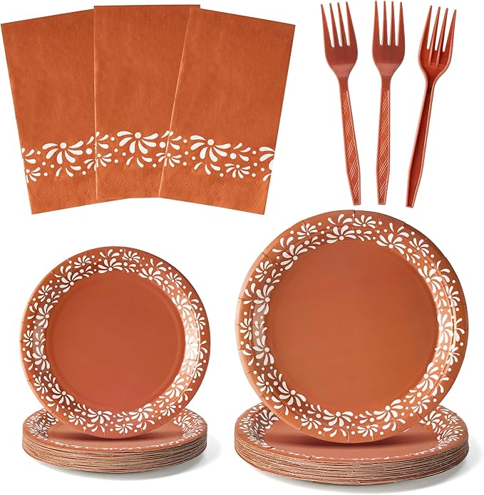 96Pcs Brown Platos De Barro Mexicanos Cielito Lindo Terracotta Clay Party Plates Supplies Tableware Decorations Disposable Paper Plates Napkins Forks for Birthday Baby Shower, Serves 24