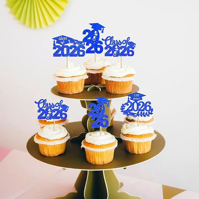 Graduation Cupcake Toppers 2026 Food/Appetizer Picks For Graduation Party Mini Cake Decorations 2026 Cupcake Toppers Graduation 24 Pieces (blue)