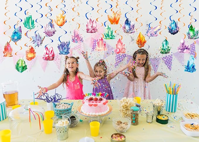 24 PCS Crystal Hanging Swirl Decorations Crystal Ceiling Streamers Hanging Decorations Geology Crystal Party Decorations for Crystal Birthday Party Supplies Baby Shower Decorations