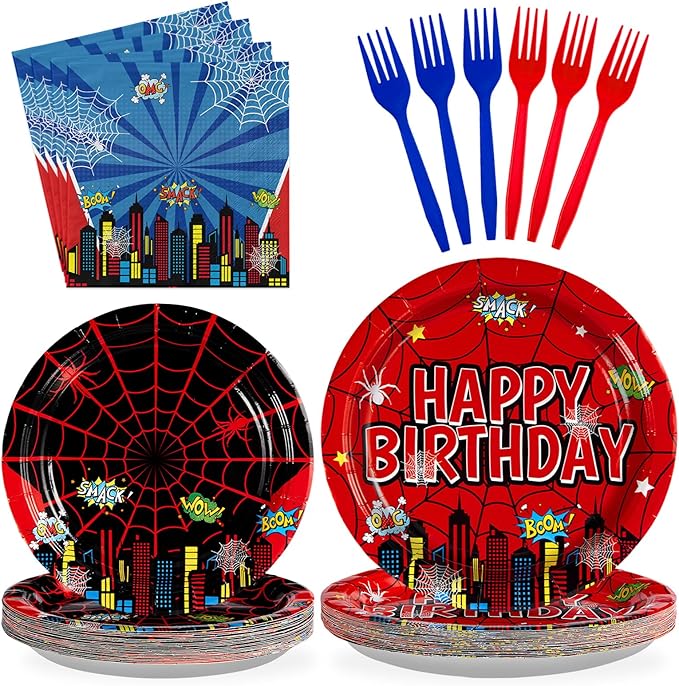 Grencian 96Pcs Cartoon Spider Birthday Party Decorations Red Blue Spider Birthday Plates and Napkins Disposable Hero Paper Tableware Set for Kids Baby Shower Super Theme Party Supplies, Serves 24