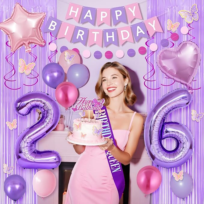 26th Purple Birthday Decorations for Women, Pink and Purple Happy 26 Birthday Party Decorations with Happy Birthday Banner, Number Foil Balloons, Butterfly Cake Topper for 26th Party Supplies
