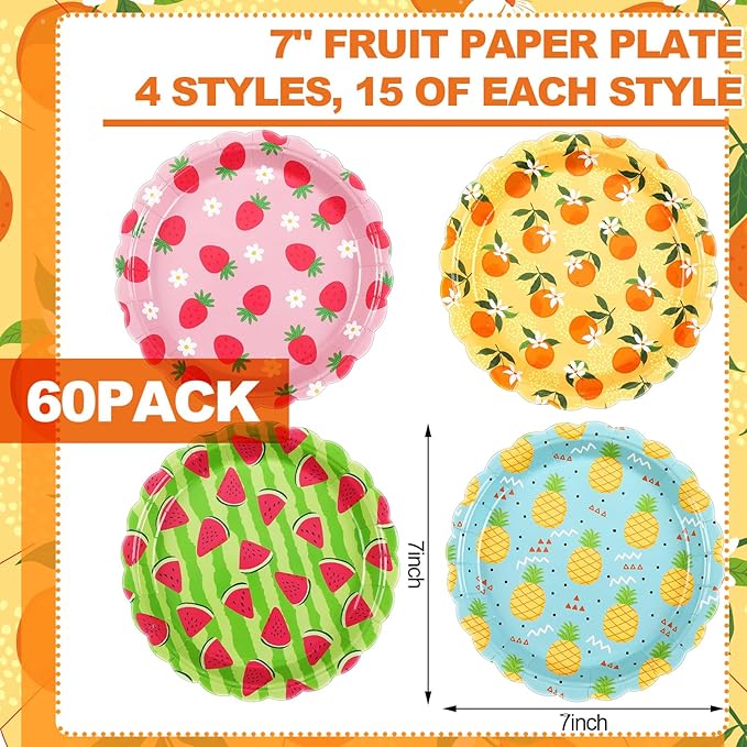 60 Pcs Fruit Paper Plates Tutti Frutti Birthday Party Supplies 7 Inch Disposable Fruit Dessert Plates Summer Dinner Plates Strawberry Pineapple Plates for Wedding Baby Shower Birthday Party