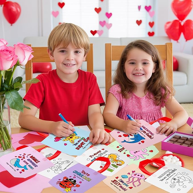 Valentine's Day Coloring Goodie Bag for Kids - 24Pcs Ocean Animal Bulk Color Your Own Gift Bag with Handle Ocean Theme Reusable Coloring Non Woven Tote Bag for Valentine Party DIY Painting Craft Favor