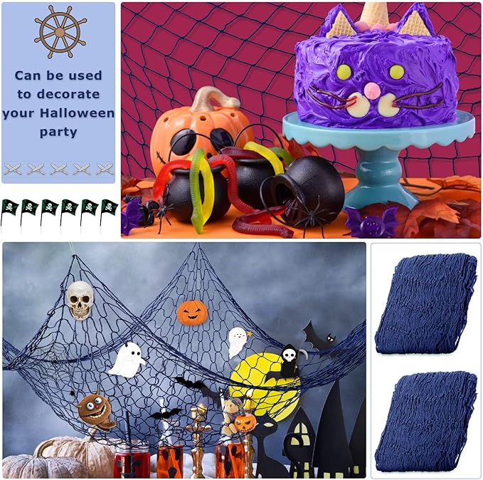 Shappy 2 Pcs Fish Net Decorative 80 x 40 Inch, Wall Hanging Fishnet for Mermaid, Pirate, Nautical, Under the Sea Party Decoration Ocean Themed Hawaii Beach Birthday Halloween Party Supplies(Dark Blue)