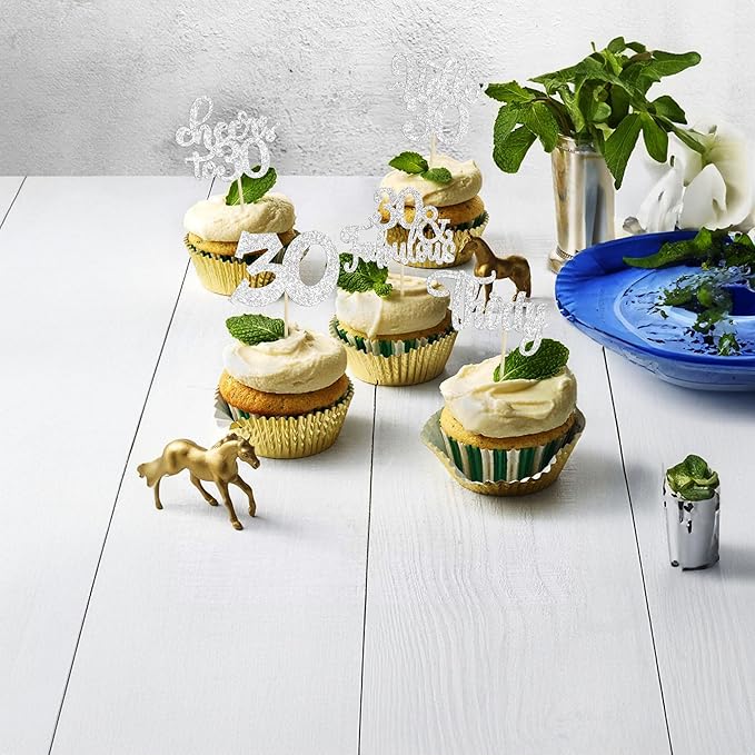 30Pcs Happy 30th Birthday Cupcake Toppers Silver Glitter Thirty Cheers to 30 Birthday Cupcake Picks for Happy 30th Anniversary Party Cake Decorations Supplies