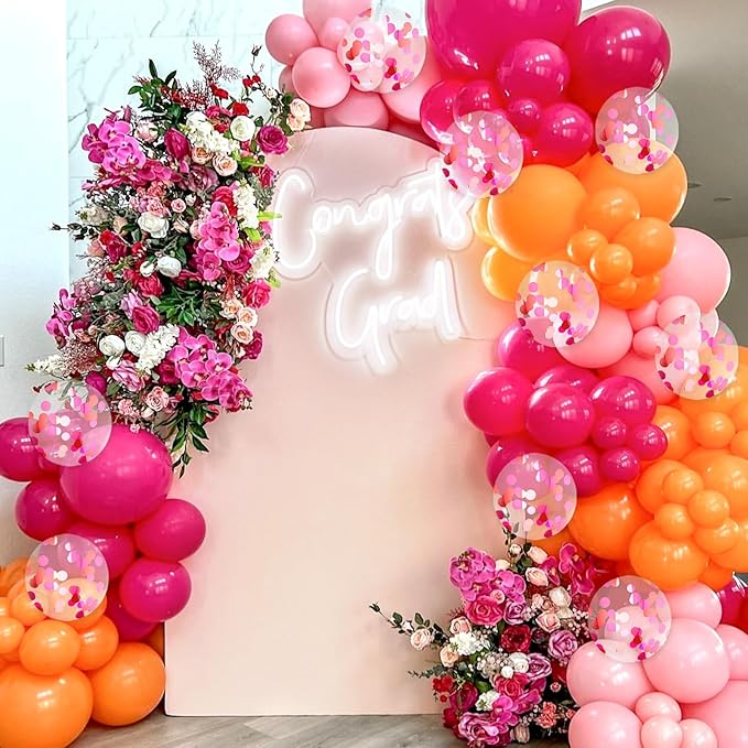 Pink and Orange Balloons, 60pcs 12 Inch Pink and Orange Party Decorations with Confetti Balloons for Bachelorette Tropical Luau Party Engagement Birthday Party Decorations