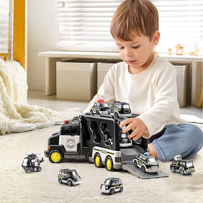 Police Truck Toy for 3 4 5 6 Years Old Boys - Carrier Vehicle Toy Set with 3 Small Cars and 1 Helicopter, Kids Firction Powered Car for Age 3-9, Gifts for Boys and Girls
