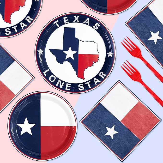 96Pcs Texas State Flag Party Decorations Texas State Theme Party Disposable Paper Plates Napkins Tableware Set Texas State National Decorations Favors for Birthday Family Gathering Supplies Serves 24