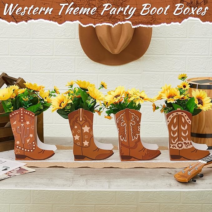 12 Set Western Cowboy Boots Flower Boxes Centerpiece Boot Shape Gift Boxes Party Decoration Vase Centerpieces for Tables for Rodeo Birthday Baby Shower Wedding Supplies