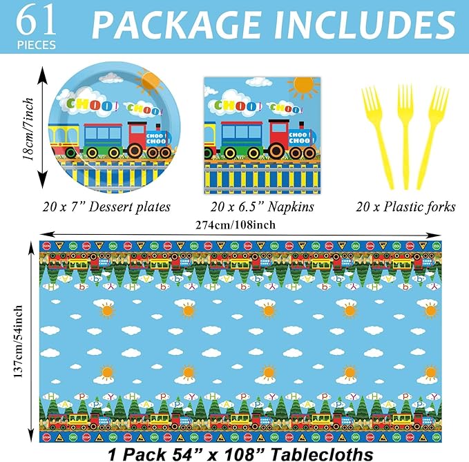 61 Pcs Train Birthday Decorations Chugga Choo Party Tableware Set Cartoon Car Plates Napkins and Tablecloth Transportation Themed Supplies for Birthday Parties Family Gathering Dinner Serve 20 Guests