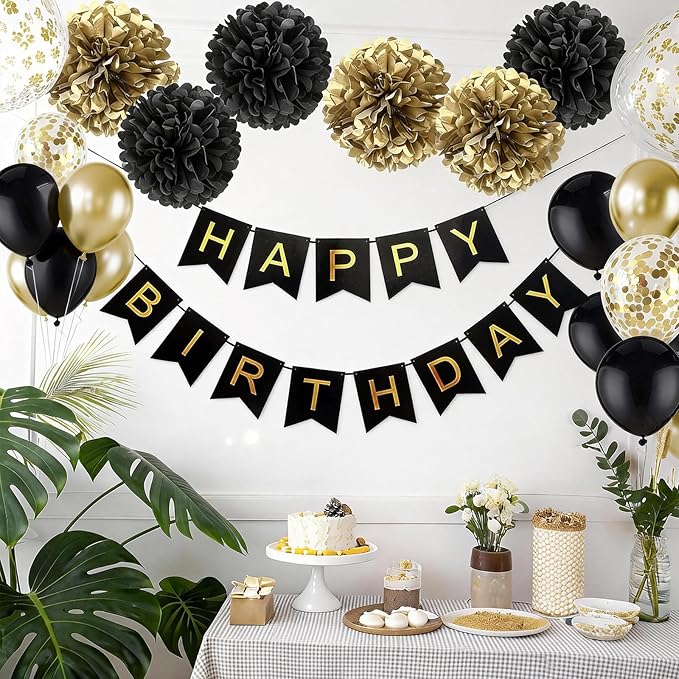 Birthday Decorations for Men Gold and Black Party Decor Supplies Boy Including Happy Birthday Banner Confetti Latex Balloon Foil Balloon and Ribbon
