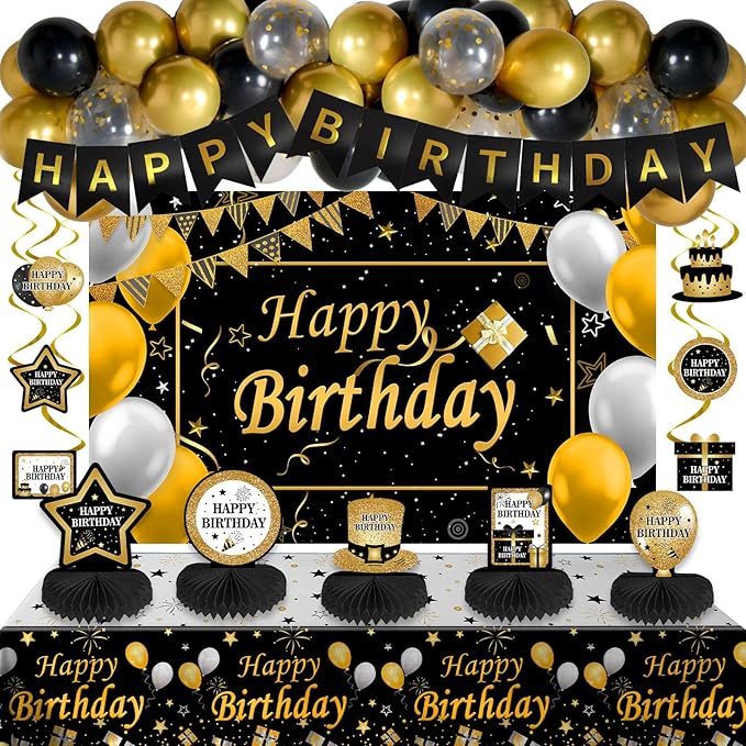 Black and Gold Birthday Decorations, Brithday Party Decorations for Men Boys Women Girls with Black Gold Happy Birthday Banner Decorations Tablecloth Backdrop Balloons Arch Bady Party Supplies