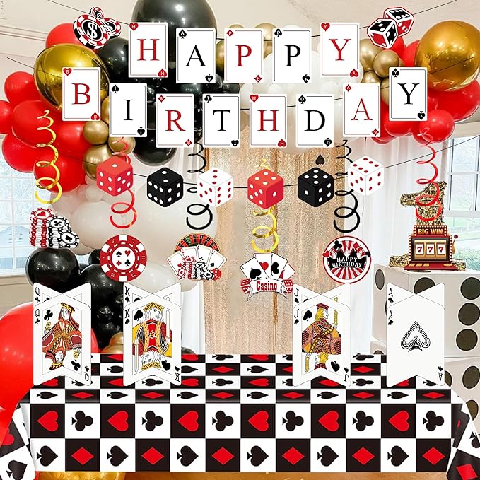 Casino Theme Party Decorations Casino Birthday Banner Poker Tablecloth Centerpieces Hanging Swirl Decorations Poker Party Decorations for Casino Poker Party Supplies (Casino)