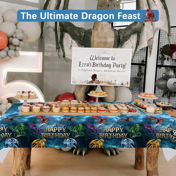 3pcs Dragon Birthday Party Decorations Tablecloth, Large Size 54 X 108 Inch Dragon Party Table Cloth for Dragon Themed Decor