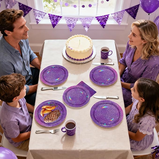 Grencian 96Pcs Purple Party Supplies Iridescent Rainbow Purple Plates and Napkins Sets Iridescent Purple Birthday Decorations for Girls Women Sprinkle Wedding Anniversary Party Favors Serves24