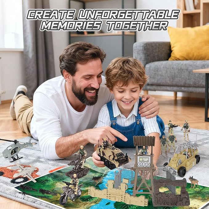 Army Toys, Kids Military Battle Playset with Army Men Action Figures, Army Vehicles, Tank, Truck, Boat, Motorcycle, Helicopter, Soldiers Weapons Accessories, Boys Great Military Gift Toy