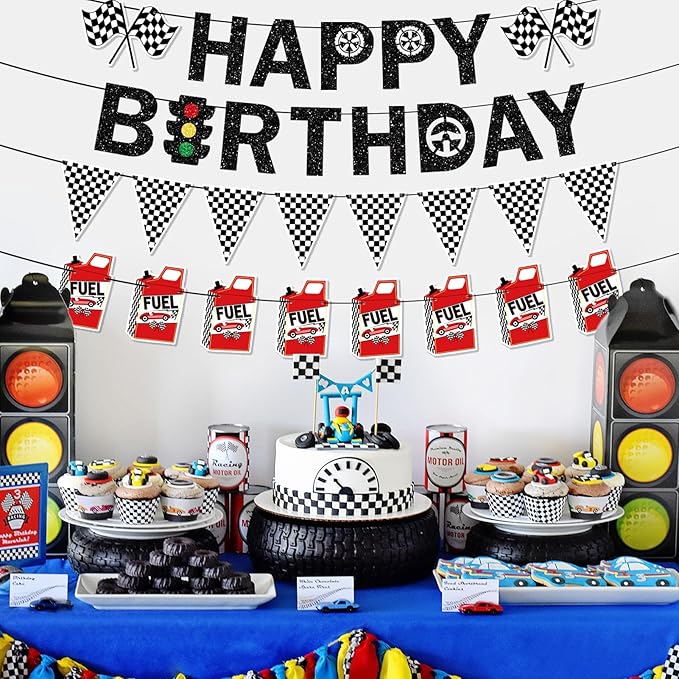 Pre-Strung Race Car Birthday Party Decorations NO DIY Glitter Happy Birthday Banner, Checkered Flag Fuel Can Banners Cars Themed Party Supplies