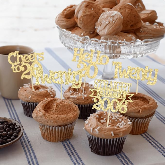 Ephlyn 24Pcs Happy 20th Birthday Cupcake Toppers Glitter Straight Outta 2006 Cupcake Picks Hello 20 Cheers to 20 Years Cake Decorations for 20th Birthday Anniversary Party Decorations Supplies Gold