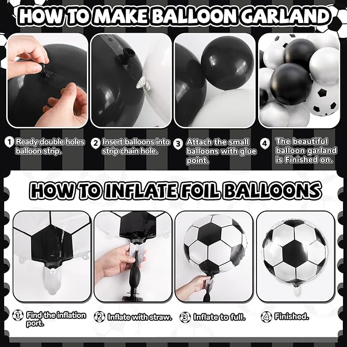 Soccer Balloon Garland Arch Kit, 98Pcs 18 12 10 5 inch Black White Soccer Balloons with 18inch Football Foil Balloons for Sports Theme Soccer Party Decorations